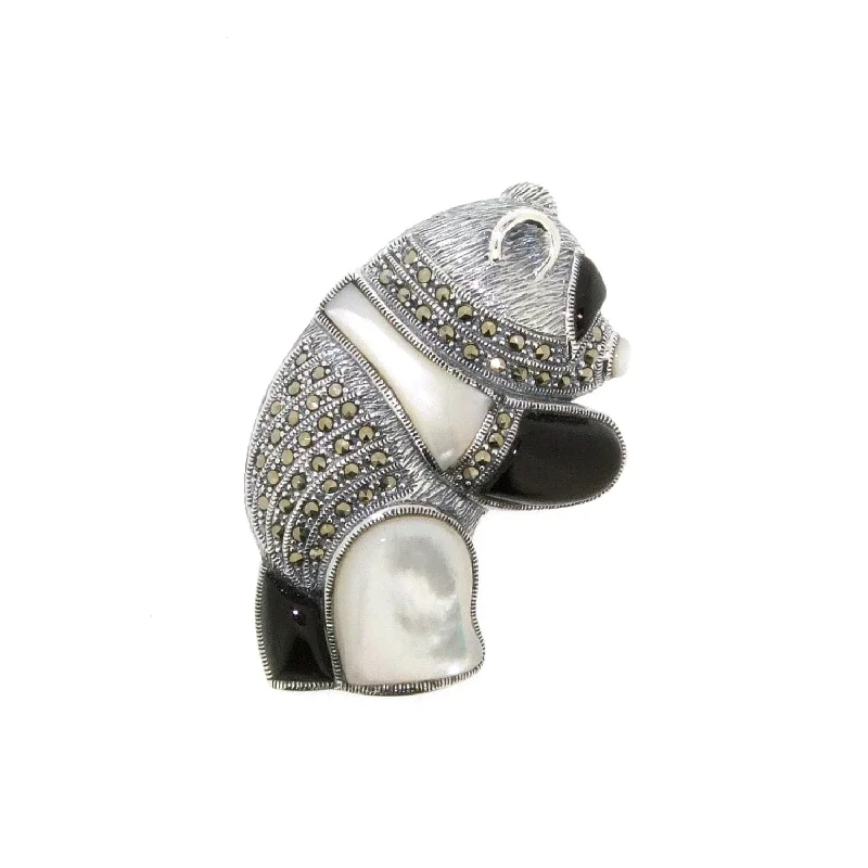 Silver Panda Brooch Marcasite Black Onyx Mother of Pearl