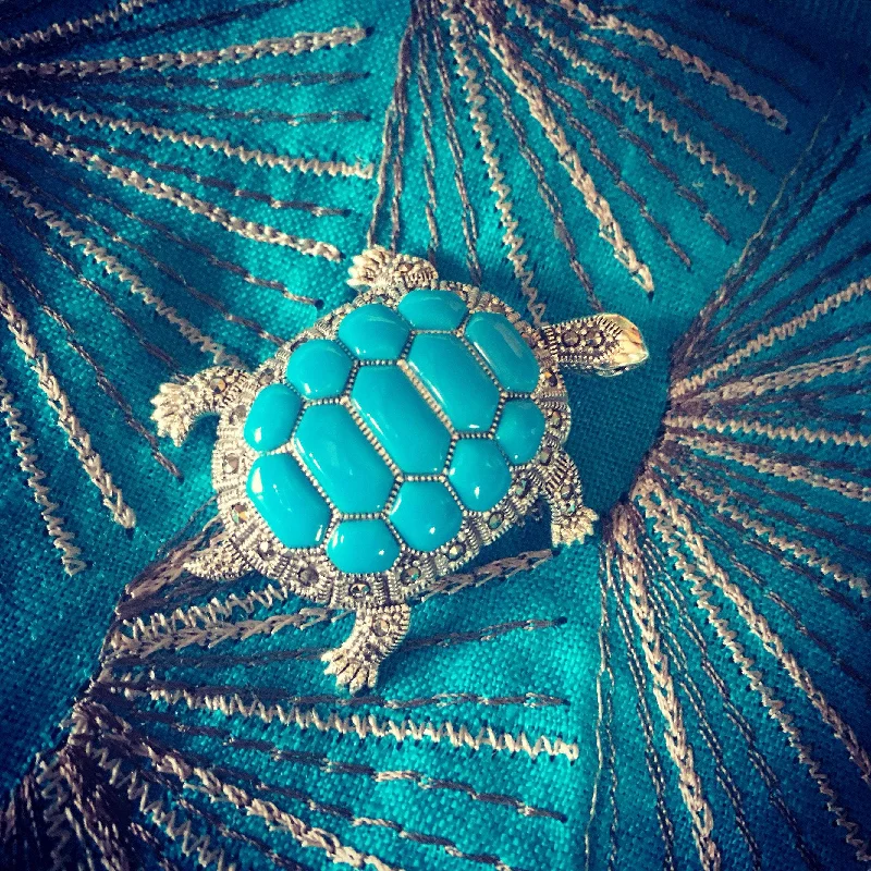 Turquoise Tortoise Brooch Silver Marcasite