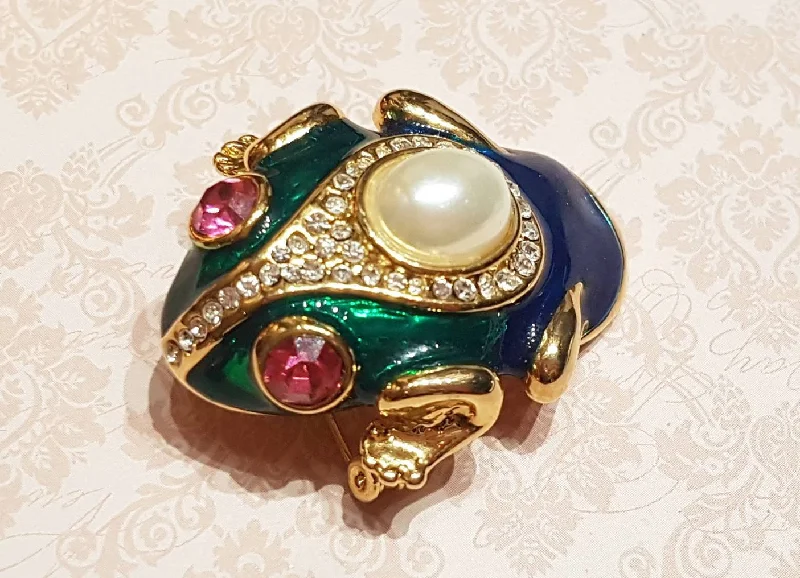 Vintage Frog Brooch Enamel Pearl Green Blue Glass Gold