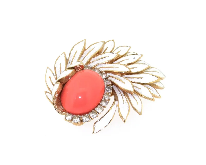 Vintage Jomaz Brooch Coral White Enamel