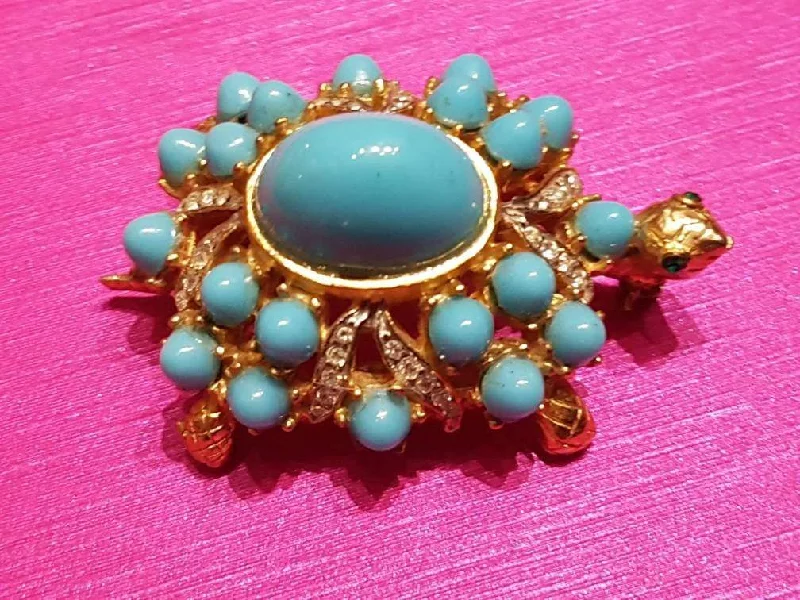 Vintage Kenneth Jay Lane Turtle Brooch Turquoise Gold Crystal