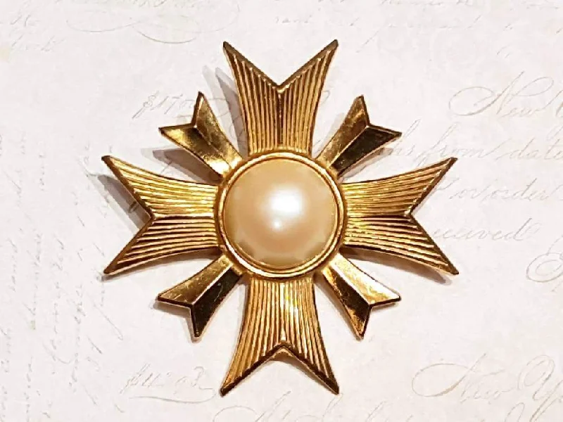 Vintage Miriam Haskell Gold and Pearl Maltese Cross Brooch Signed