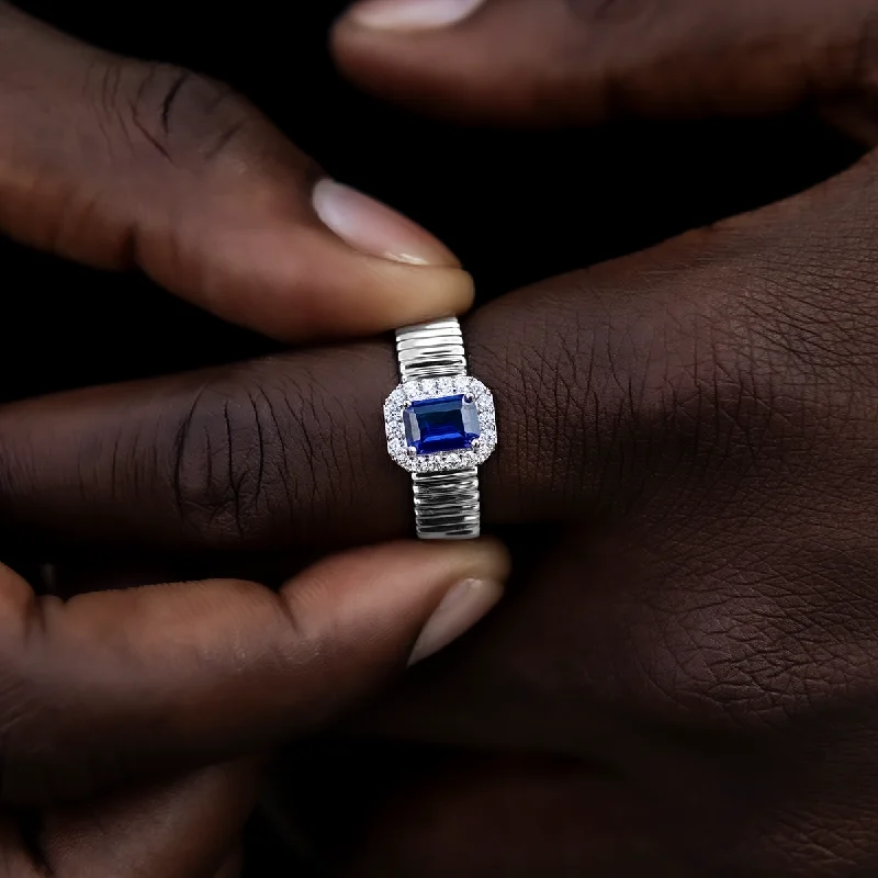 Diamond Emerald Cut Sapphire Textured Ring in White Gold Vermeil