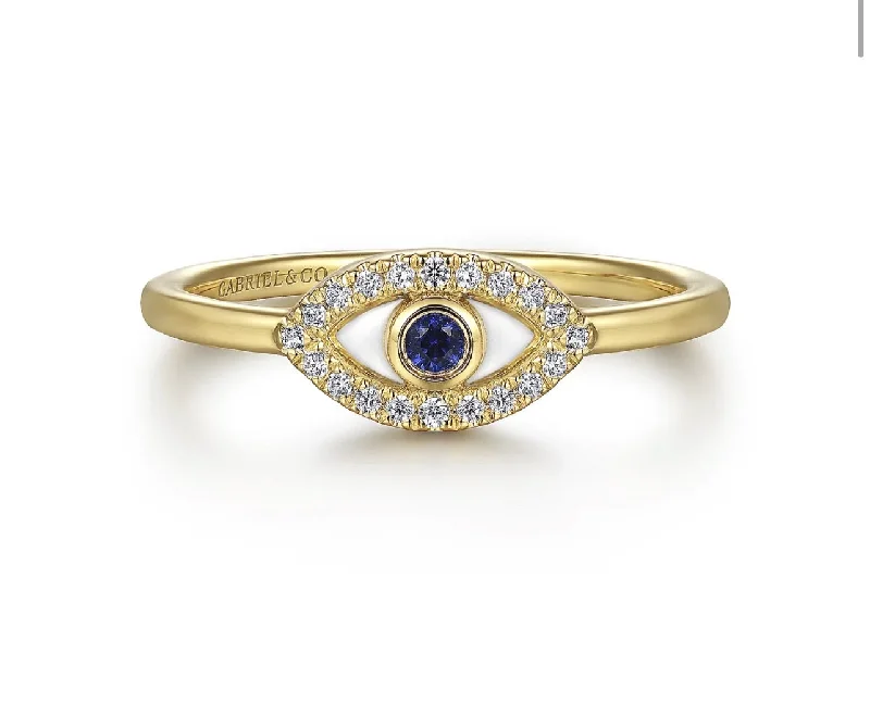 Gabriel & Co- 14K Yellow Gold Diamond and Sapphire Evil-Eye Ladies Ring with White Enamel-