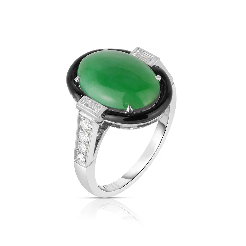 Green Jade, Diamond & Black Enamel Ring