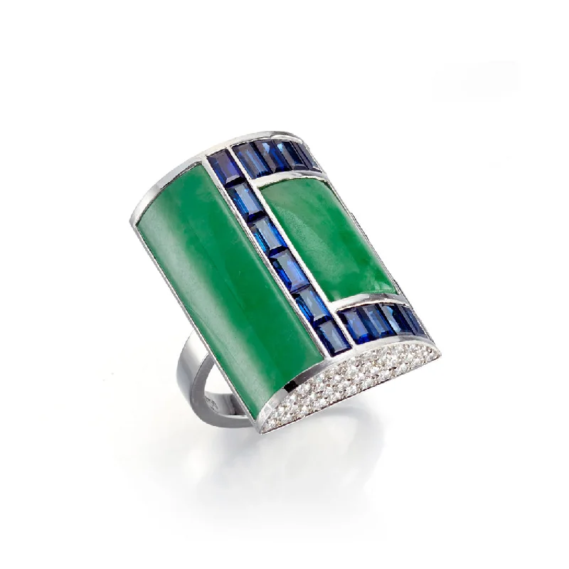 Green Jade, Sapphire & Diamond Ring