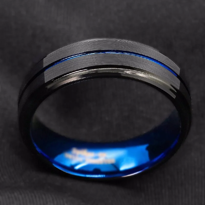 Stainless Steel Black Slotted Ring Inner Blue Men's Ring