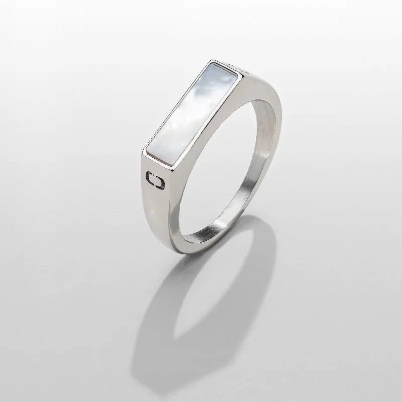 White Rectangle Stone Signet Ring (Silver)