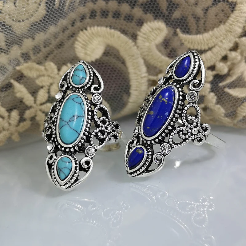 Wholesale Alloy Hollow Carved Lapis Lazuli Ring