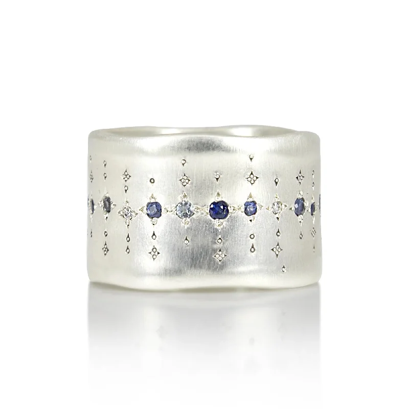 Single Organic Wide Silver Band with Multi-Gemstones